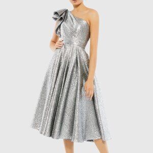 Mac Duggal  Silver One Shoulder Bow Midi Dress